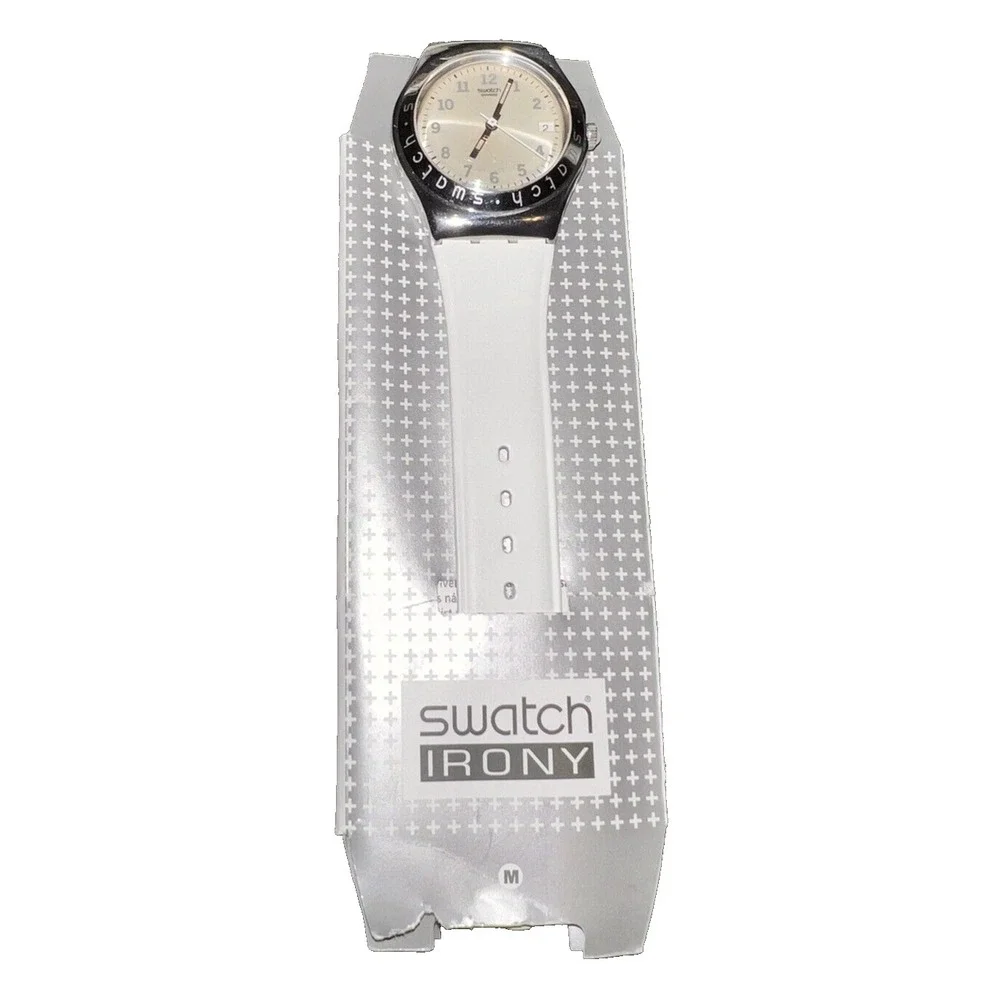 Swatch‎ Irony Stainless Steel Watch White Leather Strap Silver Dial Swiss Made